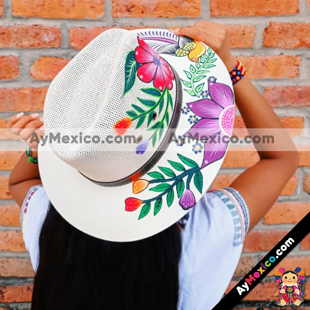 aj00079 Sombrero pintado a mano con diseño de flores artesanal mexicano para  mujer hecho en Guerrero mayoreo fabrica 