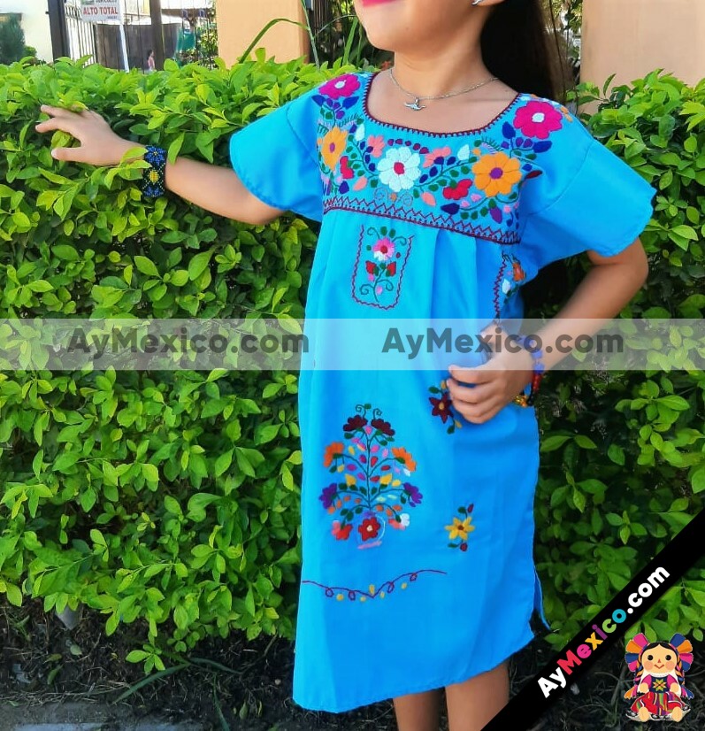 rj00374 Vestido azul bordado a mano para niña artesanal mexicano hecho en  Chiapas mayoreo fabrica 