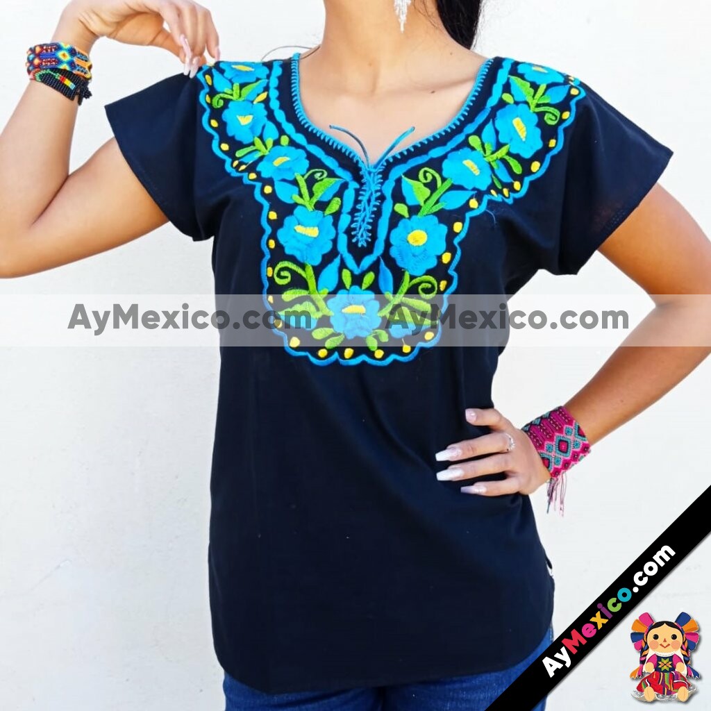 rj00433 Blusa bordada a mano negro artesanal mexicano para mujer hecho en mayoreo fabrica AyMexico.com