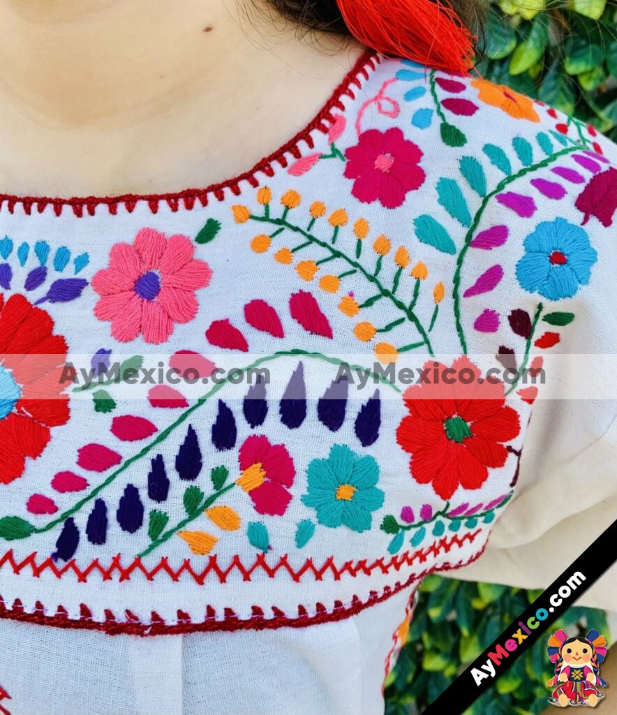 rj00516 Vestido bordado a mano tipo chanel de manta color beige artesanal  mexicano para mujer hecho en Chiapas mayoreo fabrica 