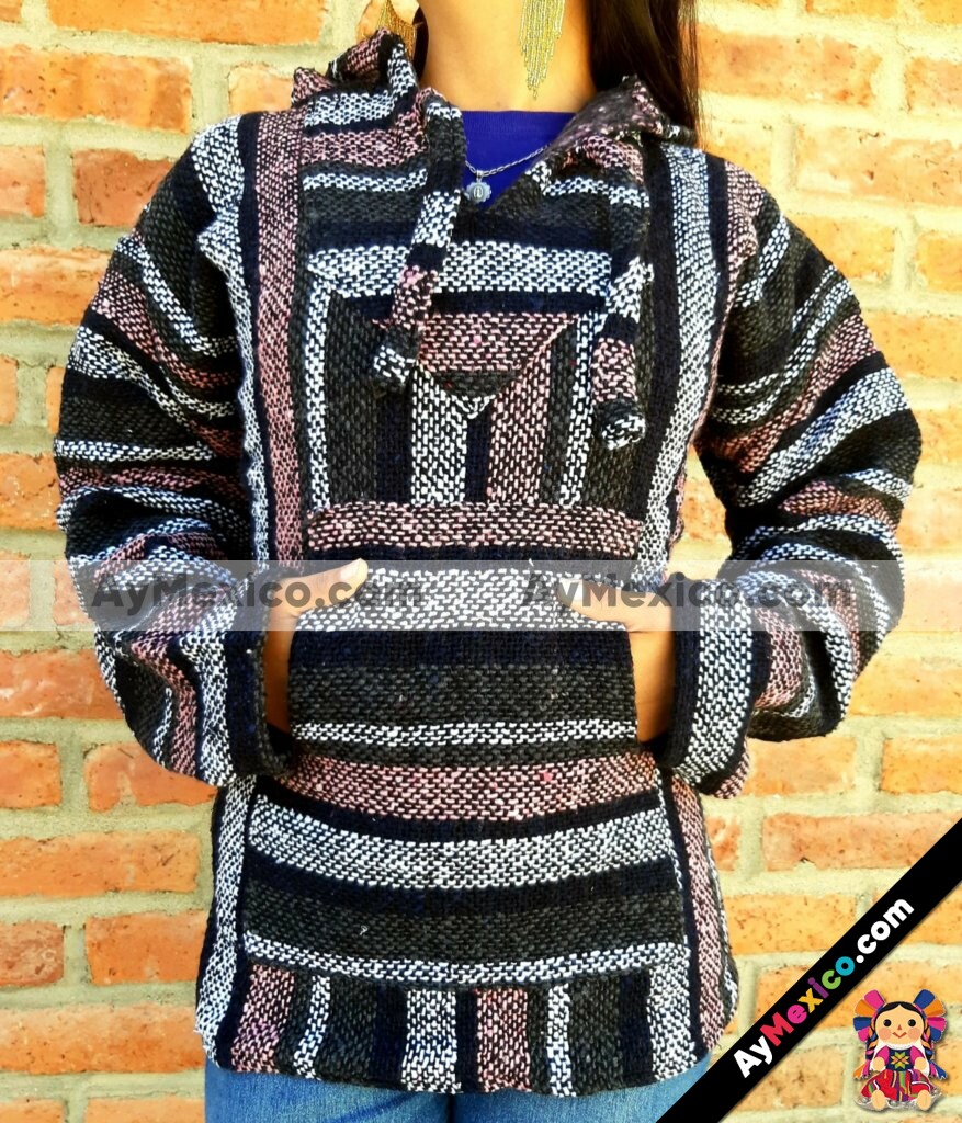 rs00127 Sueter jerga tipo poncho con canguro color negro artesanal mexicano  para Unisex hecho en Puebla mayoreo fabrica 