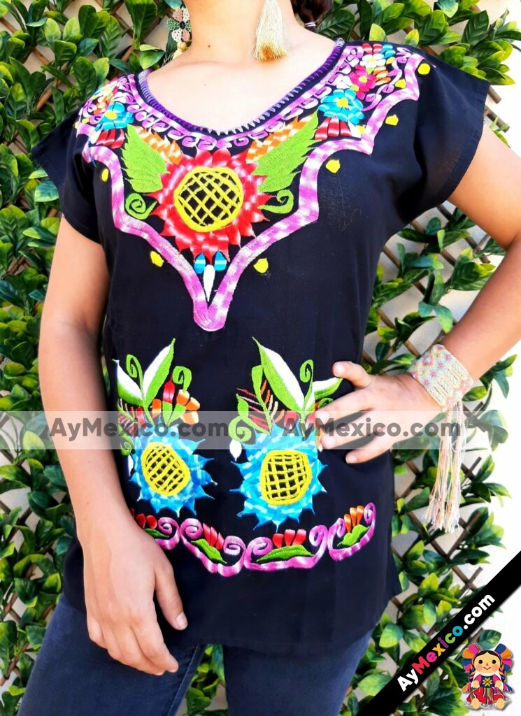 rj00515 Vestido bordado a mano tipo chanel de manta color negro artesanal  mexicano para mujer hecho en Chiapas mayoreo fabrica 