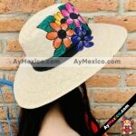 aj00165 Lote de 3 sombreros de palma pintado a mano artesanal diseño de flores de coloresmayoreo fabricante proveedor taller maquilador (1)