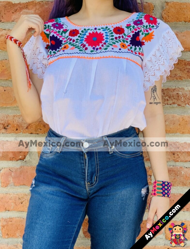 rj00591 Blusa de manta bordada a mano con diseño de flores liston color  naranja artesanal mexicano para mujer hecho en Sahuayo Michoacan mayoreo  fabrica 
