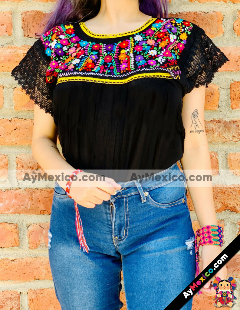rj00608 Blusa de manta bordada a mano color negro con diseño de flores  liston color amarillo artesanal mexicano para mujer hecho en Sahuayo  Michoacan mayoreo fabrica 
