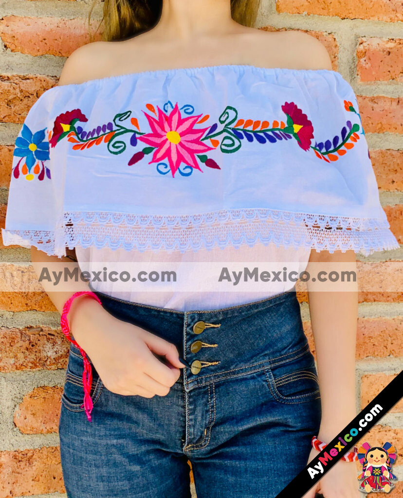 rj00618 Blusa campesina de manta color bordada a maquina diseño de artesanal mexicano para mujer hecho Sahuayo Michoacan mayoreo fabrica - AyMexico.com