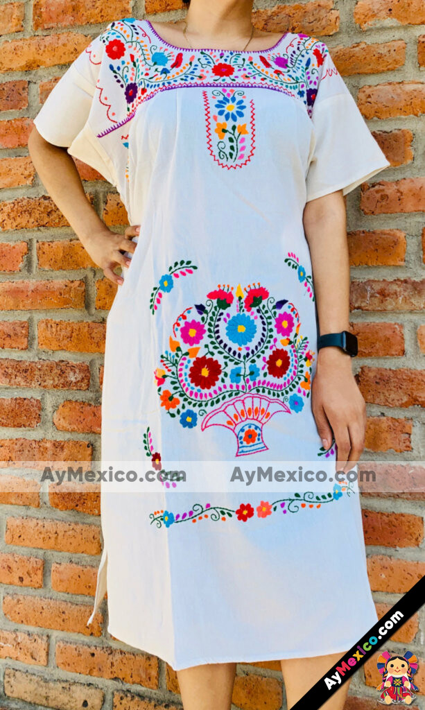 rj00627 Vestido bordado a mano color beige artesanal mexicano para
