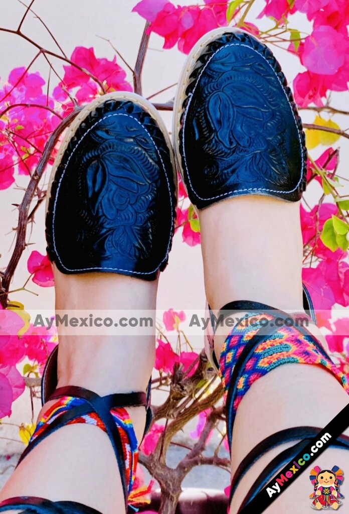 zj00859 Huaraches artesanales color negro con troquel diseño de flor de piso mujer mayoreo fabricante calzado zapatos proveedor sandalias taller maquilador (1)