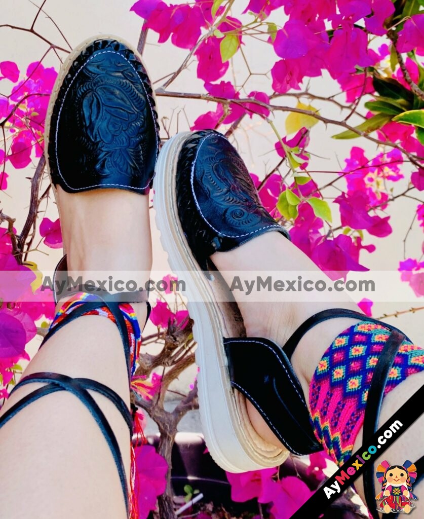 zj00859 Huaraches artesanales color negro con troquel diseño de flor de piso mujer mayoreo fabricante calzado zapatos proveedor sandalias taller maquilador