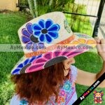 aj00182beige Lote de 3 piezas sombrero pintado a mano artesanal con diseño de flores de colores mexicano hecho en Guerrero mayoreo fabrica