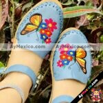 zs00979 Huaraches Mexicanos De Piso Mujer Color Azul De Piel Con bordado de mariposa Hecho En Sahuayo Michoacanmayoreo fabricante calzado zapatos proveedor maquilador