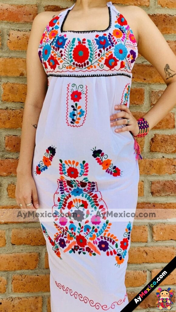 rj00668 Vestido artesanal mexicano para mujer hecho en Chiapas color blanco  mayoreo fabrica 
