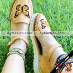 zs00988 Huaraches Mexicanos De Piso Mujer Color Tan De Piel Con bordado de mariposa Hecho En Sahuayo Michoacan