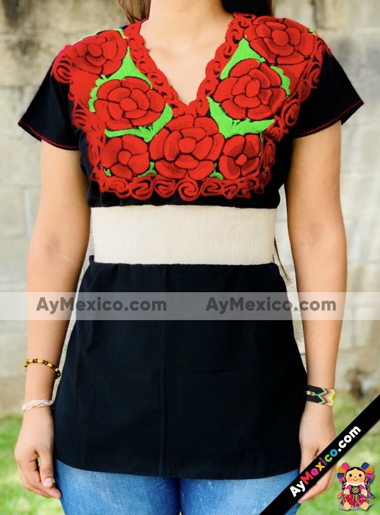 rj00713 Blusa artesanal de manta color negro mexicano bordado de flores  para mujer hecho en Chiapas mayoreo fabrica 