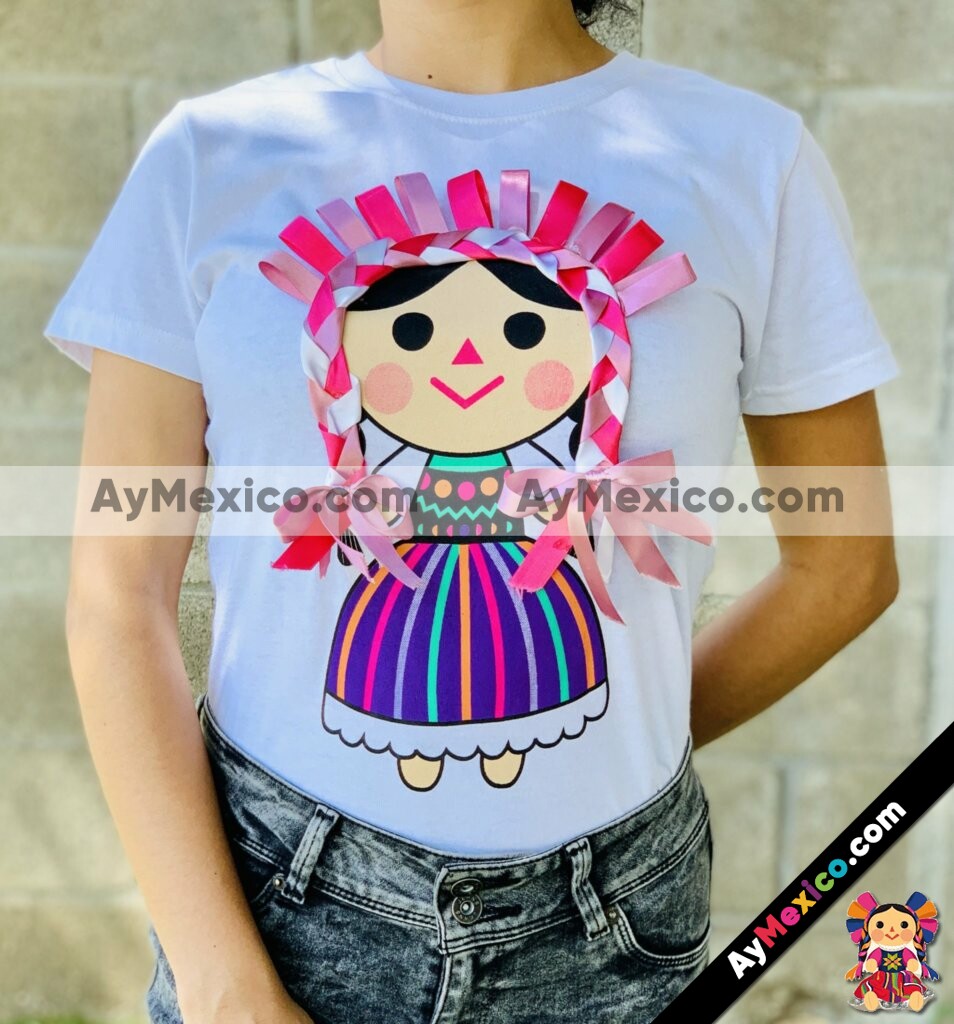 rs00198 Playera artesanal mexicano diseño de muñeca maria color blanco para  mujer hecho en Chiapas mayoreo fabrica 