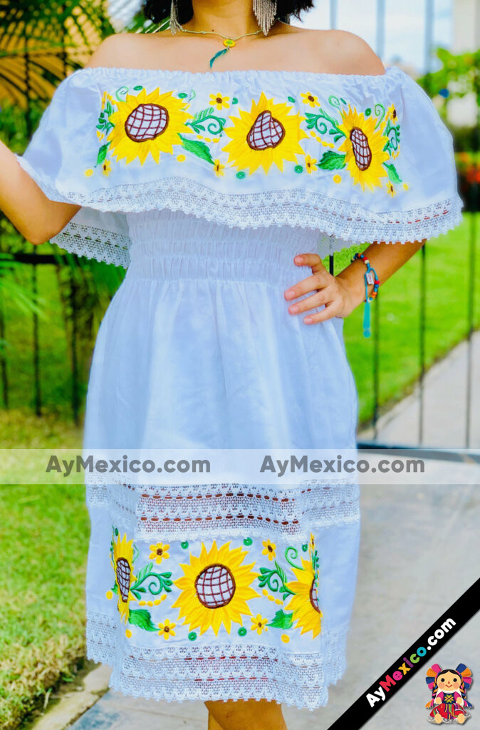 rj00723 Vestido artesanal mexicano de manta blanco bordado a maquina diseño  de girasol para mujer hecho en Chiapas mayoreo fabrica 