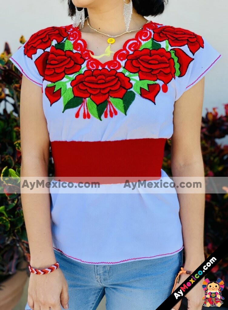 rj00763 Blusa artesanal mexicano de manta blanca bordada a mano diseño de  flores para infantil hecho en Chiapas mayoreo fabrica 