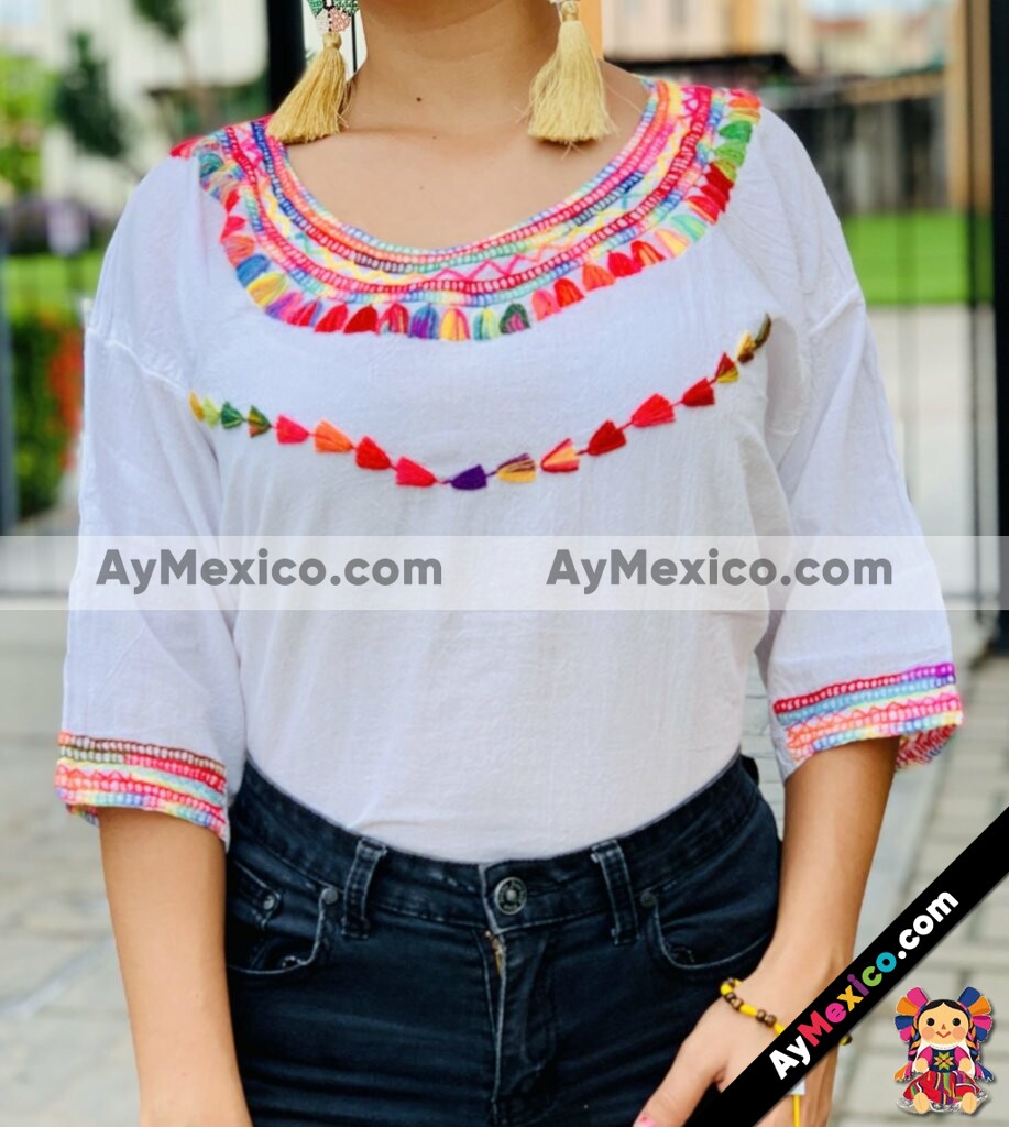 rj00732 Blusa artesanal mexicano bordada a mano de manta al azar para mujer hecho en Chiapas mayoreo fabrica AyMexico.com