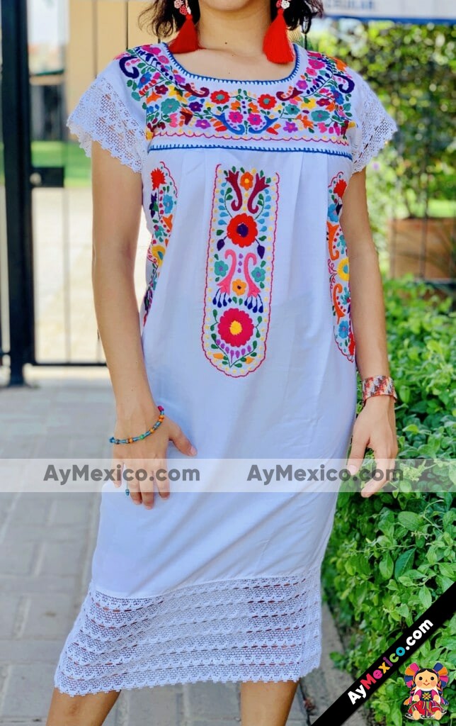 rj00517 Vestido de manta bordado a mano con diseño floral artesanal  mexicano para mujer hecho en Chiapas mayoreo fabrica 