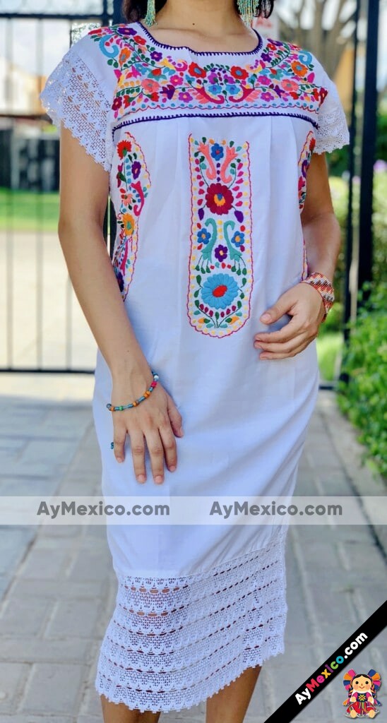 rj00519 Vestido de manta bordado a mano color blanco artesanal mexicano  para mujer hecho en Chiapas mayoreo fabrica 