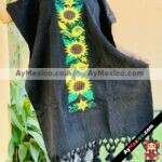 rj00796 Gabán Color Negro bordado al azar diseño de girasoles hecho en Chiapas México mayoreo fabricante proveedor taller maquilador (1)