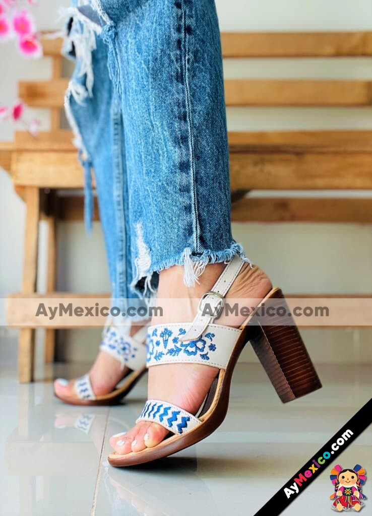 zn00015 Huaraches Artesanales Con Plataforma Blanco Flores Bordadas Azul Elegante mayoreo fabricante calzado (1)