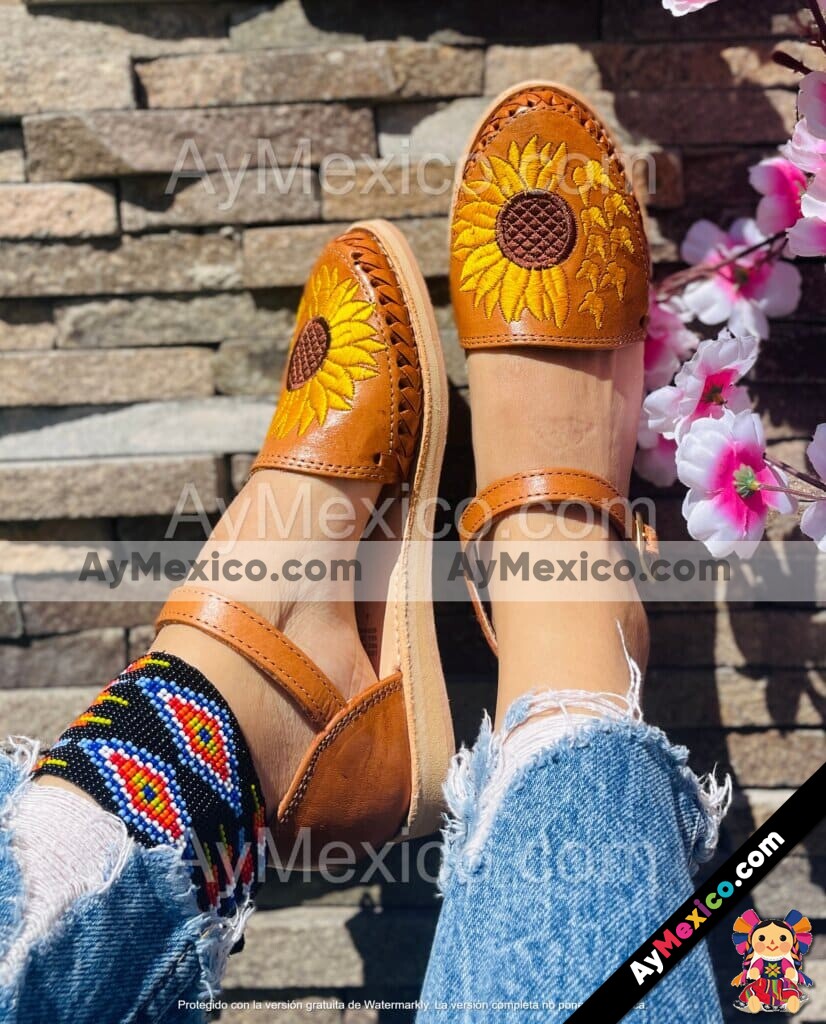 zn00025 Huaraches Artesanales Piso Para Mujer Café Girasol con Mariposas Bordado mayoreo fabricante calzado (1)