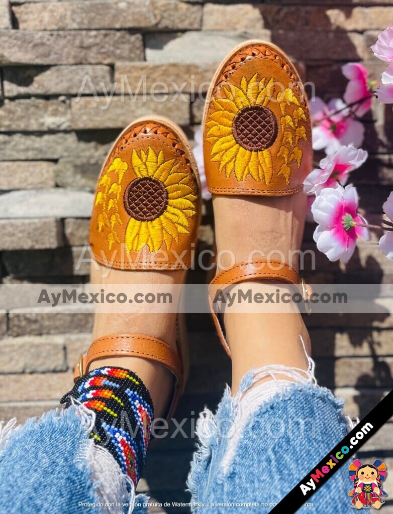 zn00025 Huaraches Artesanales Piso Para Mujer Café Girasol con Mariposas Bordado mayoreo fabricante calzado (2)