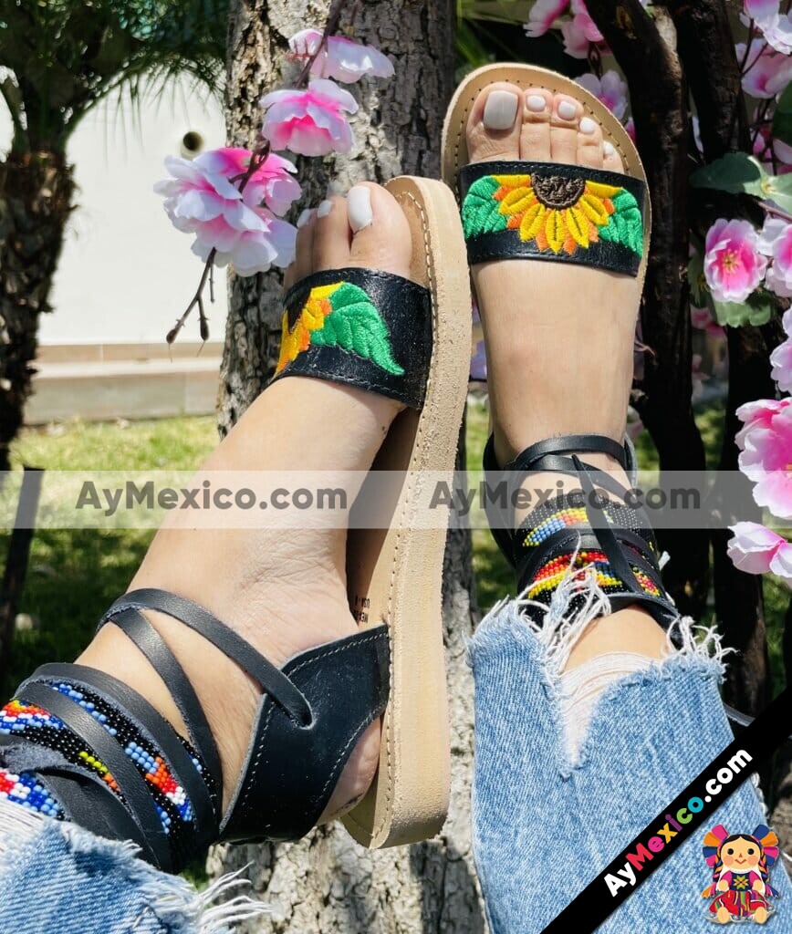 zj00996 Huaraches Artesanales Piso Para Mujer Negro Bordado Girasol mayoreo fabricante calzado mayoreo (2)