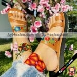 Ze00004 Huaraches Artesanales Piso Para Mujer Tan Troquelado Y Flores Bordadas Mayoreo Fabricante Calzado (1)