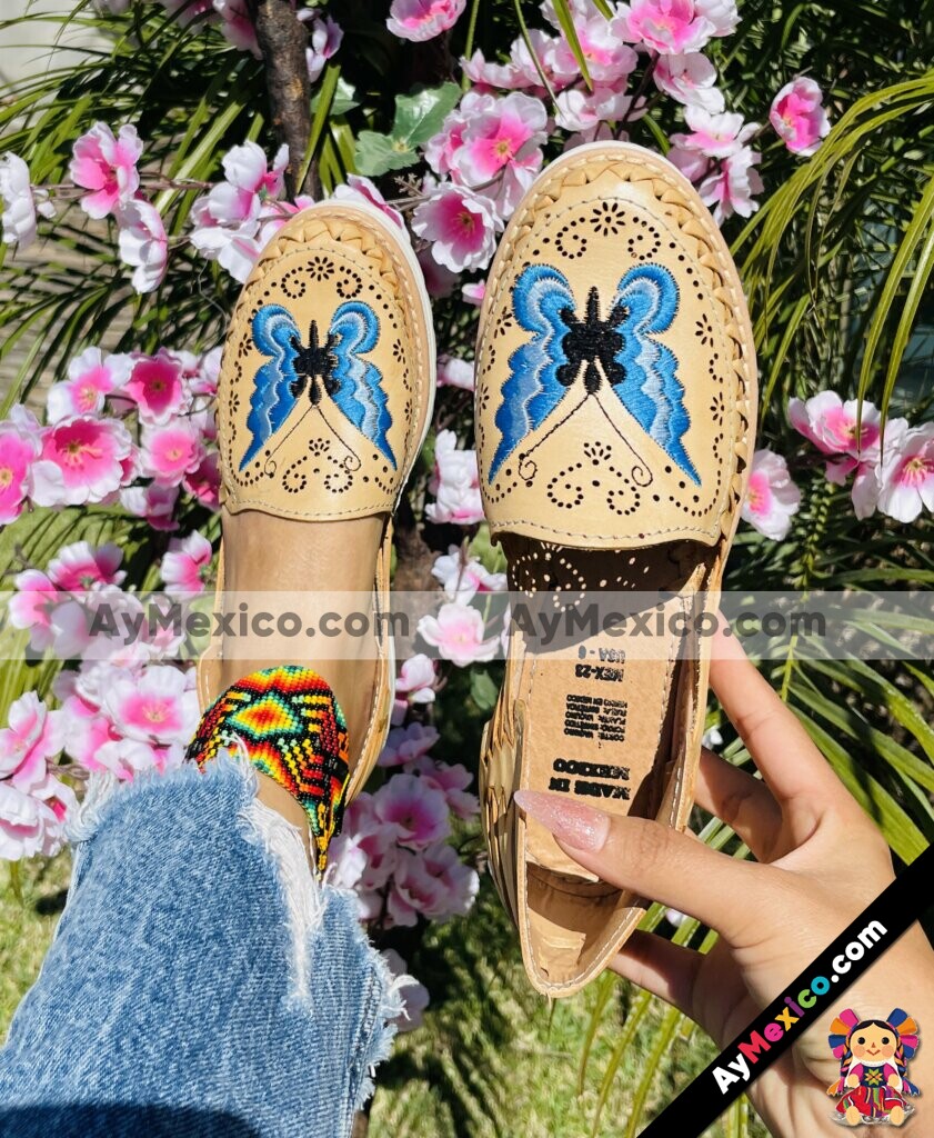 Ze 00058 Huaraches Artesanales Piso Para Mujer Tan Mariposa Azul Bordada Fabricante Calzado Mayoreo (1)