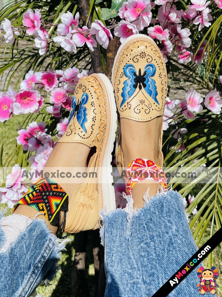 Ze 00058 Huaraches Artesanales Piso Para Mujer Tan Mariposa Azul Bordada Fabricante Calzado Mayoreo (2)