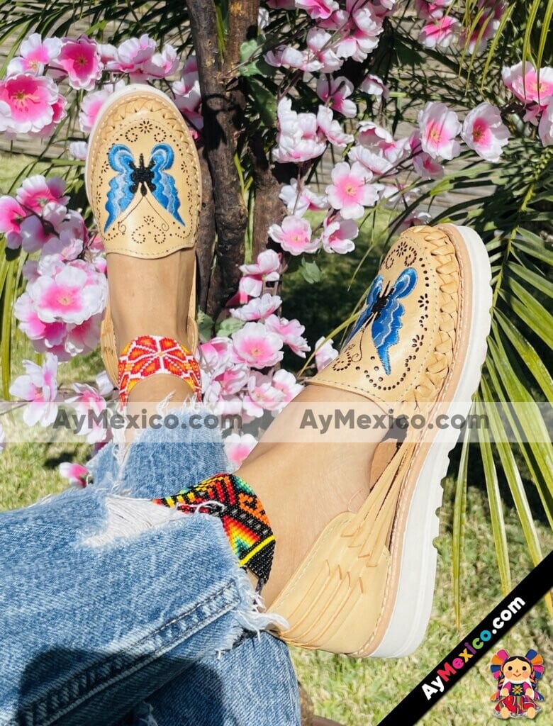 Ze 00058 Huaraches Artesanales Piso Para Mujer Tan Mariposa Azul Bordada Fabricante Calzado Mayoreo (3)