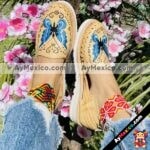 Ze 00058 Huaraches Artesanales Piso Para Mujer Tan Mariposa Azul Bordada Fabricante Calzado Mayoreo (1)