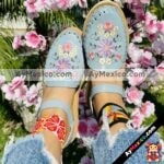 Zn 00042 Huaraches Artesanales Piso Para Mujer Azul Bordado De Flores Con Enredadera Fabricante Calzado Mayoreo (1)